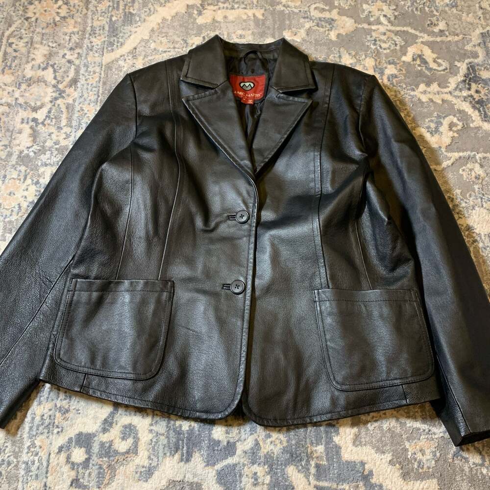 Marc Mattis Women's Black 100% Genuine Leather 2-Button Pocket Blazer Jacket XL